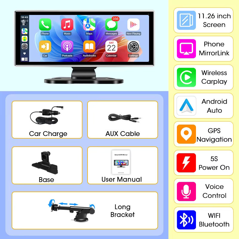 srnubi Intelligentes Multimedia-System für das Auto mit 11,26 Zoll Display, Tragbarer Video Player mit Drahtlosem CarPlay und Android Auto, Schwarz - Bild 6