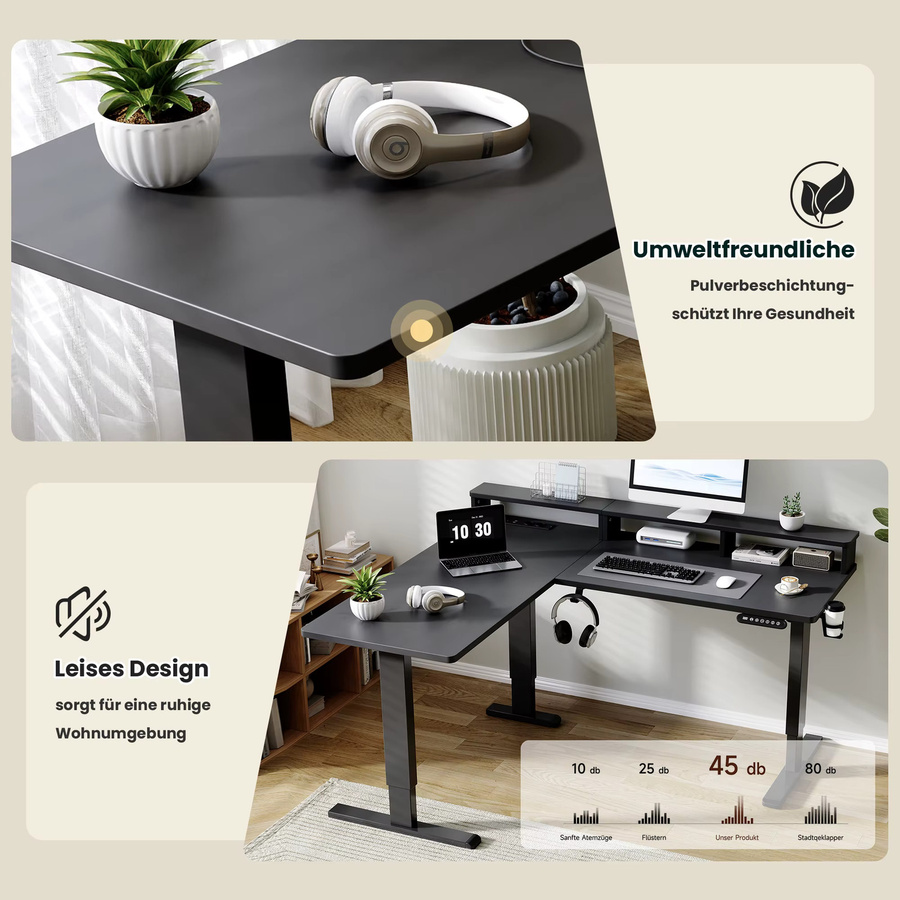 ThomP Elektrischer L-Form Schreibtisch mit 3 Motoren und Memory Steuerung, Eckschreibtisch in Schwarz mit Monitorständer, Kopfhörerhalter und Getränkehalter, Tischplatte aus Holz, B/T: 160 x 140 cm - Bild 3