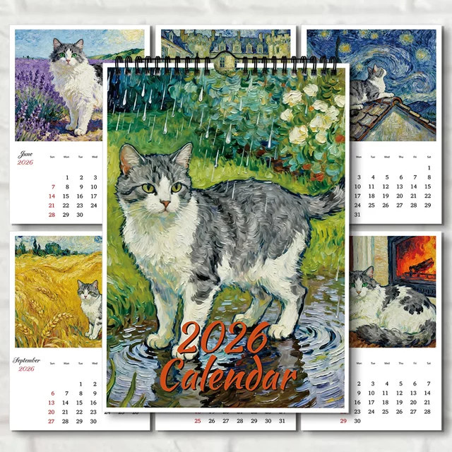 A4 Wandkalender 2026 mit Katzenölgemälde-Design, Mehrfarbig - Bild 1