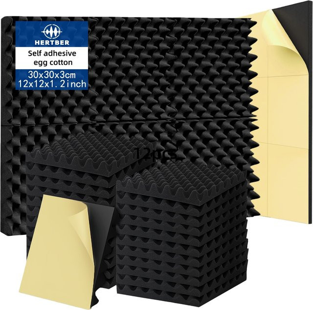 HERTBER Eierkarton-Akustikschaumplatten in Schwarz, 12 Stück schallabsorbierende Schaumstoffplatten zur Wandschalldämmung für Gaming-Räume und Aufnahmestudios - Bild 1