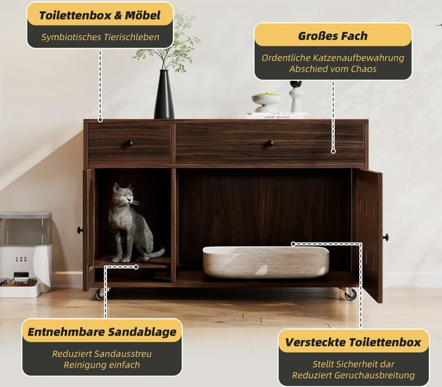 Svintora Katzenklo-Schrank aus MDF-Holz in Braun, Geruchsisoliertes Katzenhaus-Sideboard mit Aufbewahrungsschubladen und abnehmbarer Sandfangplatte, B/T/H: 100 x 45 x 66 cm - Bild 1