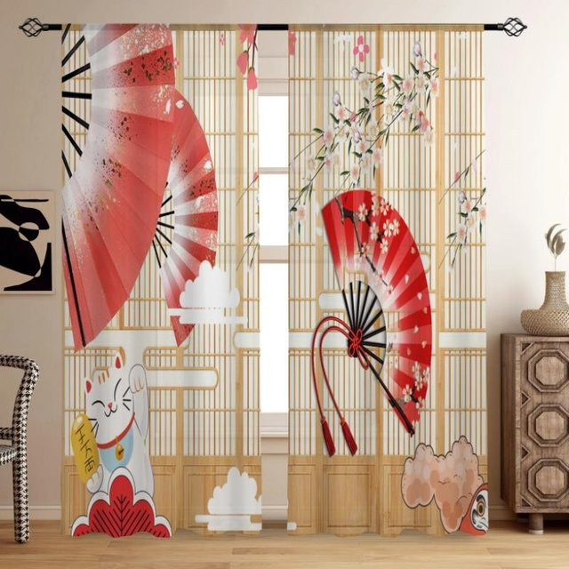 Yiran Furniture Vorhänge im japanischen Stil mit Fächer-Katze und Kirschblüten-Motiv, 2 Paneele, halbtransparent, Mehrfarbig, B: 55 cm, H: 120 cm - Bild 1