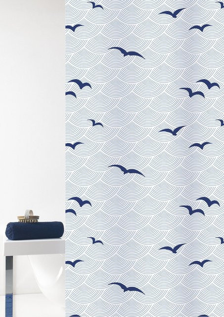 Duschvorhang SEACOAST in Blau und Weiß mit nautischem Grafikdesign, wasserdicht und waschbar, B/H: 200 x 180 cm - Bild 1