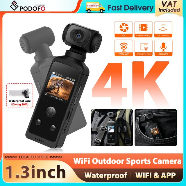 Podofo Action-Kamera mit 4K HD-Weitwinkelansicht, WIFI, 1,3-Zoll-LCD-Bildschirm und 270-Grad-Drehung, Wasserdicht, Schwarz - Bild 1