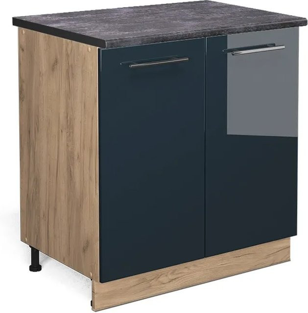 Vicco Spülenunterschrank Fame-Line in Dunkelblau Hochglanz und Eiche mit Arbeitsplatte in Anthrazit, Breite: 80 cm - Bild 1