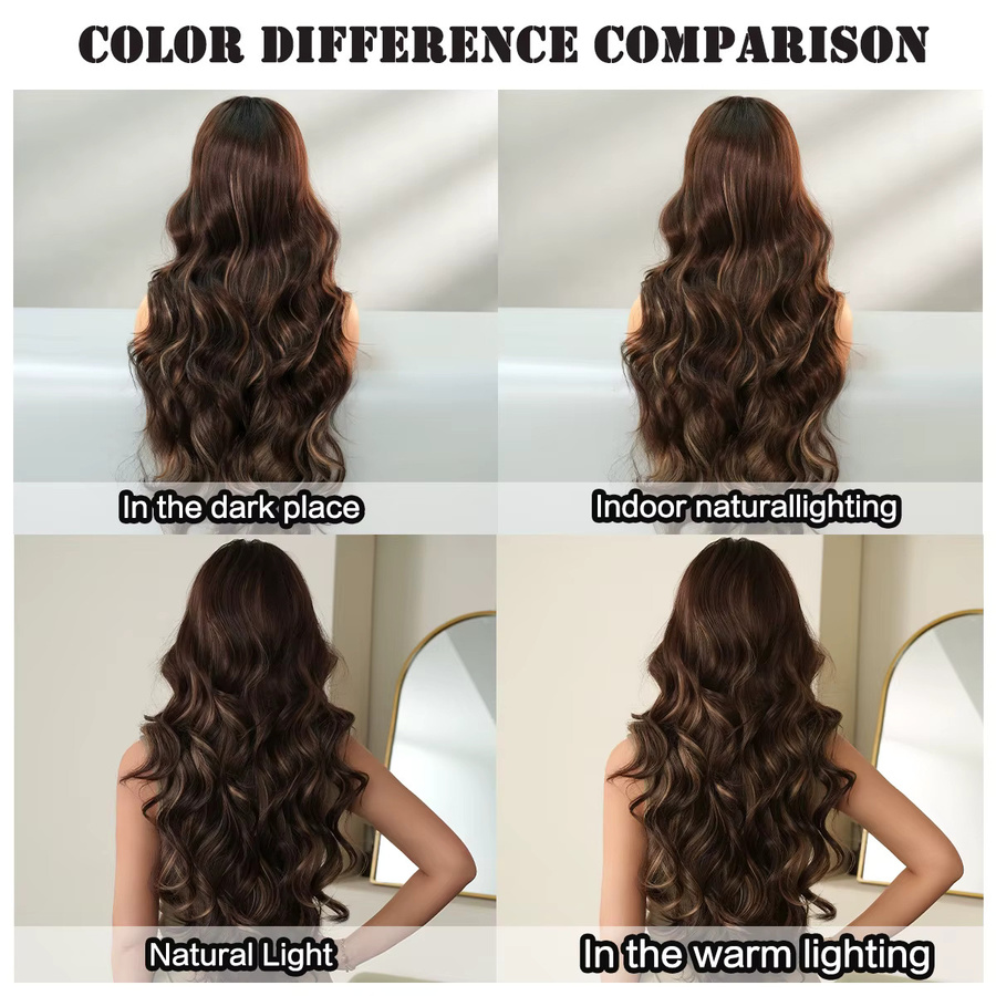 7JHH WIGS Perücke für Damen, lange gewellte dunkelbraune Synthetik-Perücke mit Mittelscheitel und Vorhangfransen - Bild 5