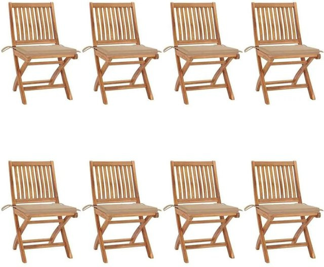 Set aus 8 klappbaren Gartenstühlen von vidaXL aus Teakholz mit Kissen in Braun und Beige - Bild 1