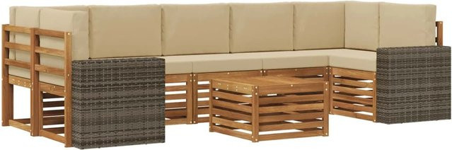 vidaXL Outdoor-Sofagarnitur aus Massivholz Akazie in Natur und Beige, 8-teiliges L-Shape Set mit Polstern und Armlehnen - Bild 1