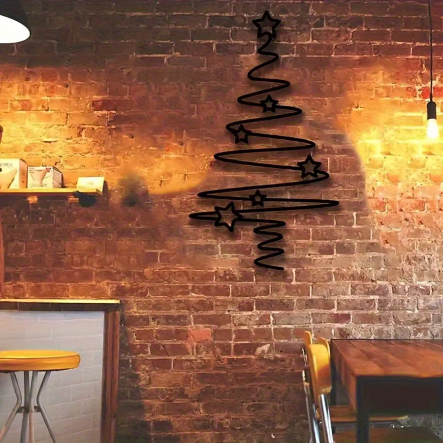 CIFBUY 2D-Weihnachtsbaum-Wandskulptur aus Metall in Schwarz mit floralem Design und Sternen zur Dekoration für Innen und Außen - Bild 4