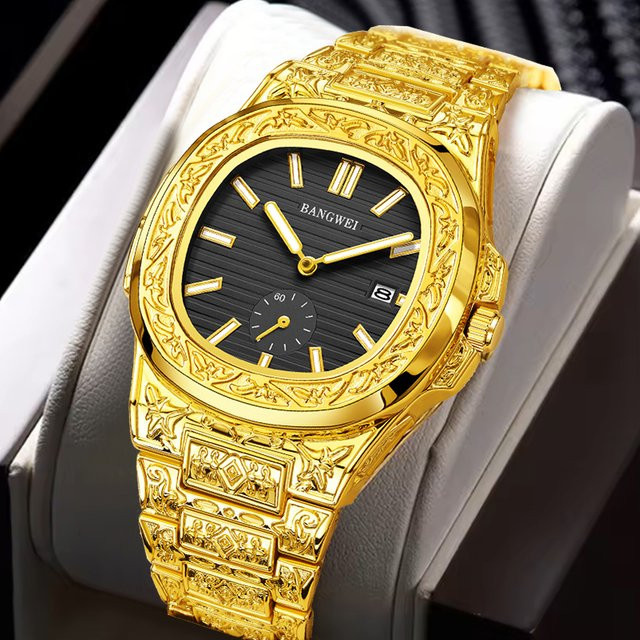 BANGWEI Armbanduhr, Quarz, Edelstahl, Gold, Eckig, Herren - Bild 1
