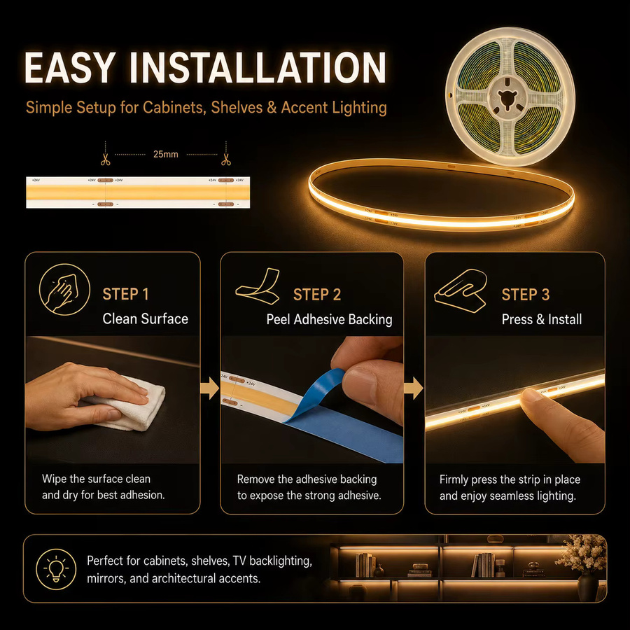 Dimmbarer 5V COB LED-Streifen in Weiß mit Touch-Steuerung und USB-Anschluss zur selbstklebenden DIY-Beleuchtung im Innenbereich - Bild 2