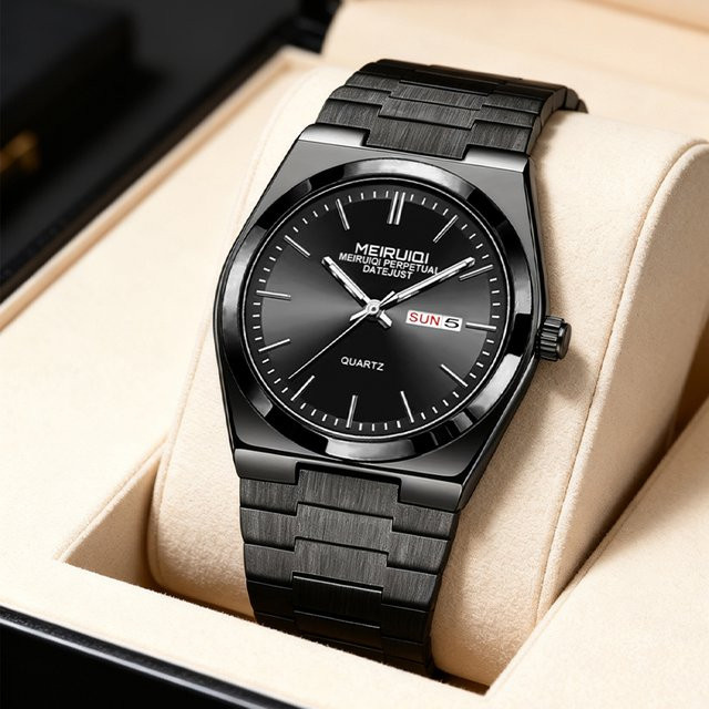 MEIRUIQI Armbanduhr Quarz, Edelstahl, Schwarz, Herren - Bild 1