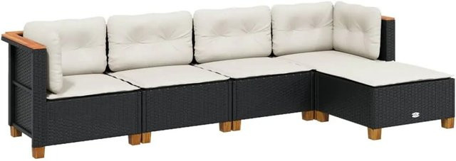vidaXL 5-tlg Garten-Sofagarnitur in L-Form aus Polyrattan und Akazienholz in Schwarz mit Sitzkissen und Rückenkissen - Bild 1