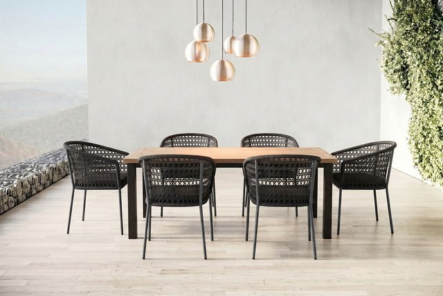 OUTFLEXX Oxford/Zui Garten-Essgruppe aus Edelstahl, recycled Teak und Rope in Anthrazit/Dunkelgrau mit 6 Sesseln und Polstern, Tisch B/T: 200/260 x 100 cm - Bild 1