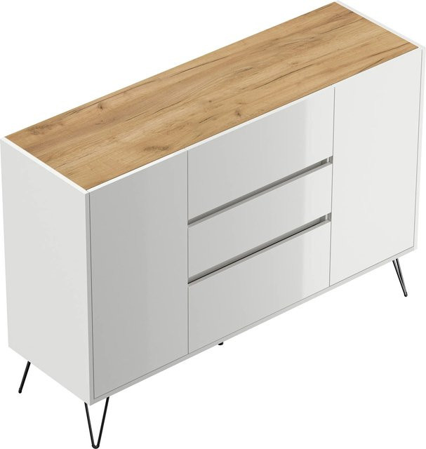 Posseik Sideboard Industrial mit 3 Schubladen und 2 Türen in Weiß Eiche, Breite: 139 cm - Bild 1