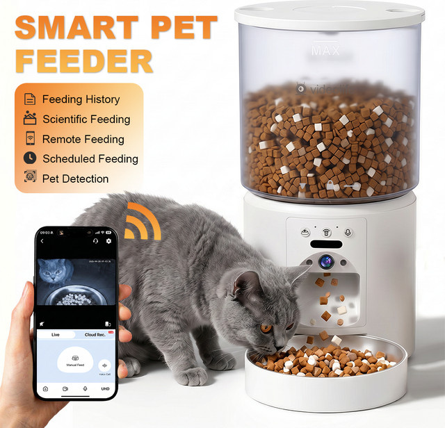Videolife Smart Cat Feeder in Weiß mit FHD-Kamera, Dual-Band-WLAN und App-Steuerung zur Fernfütterung und zeitgesteuerten Portionskontrolle - Bild 1