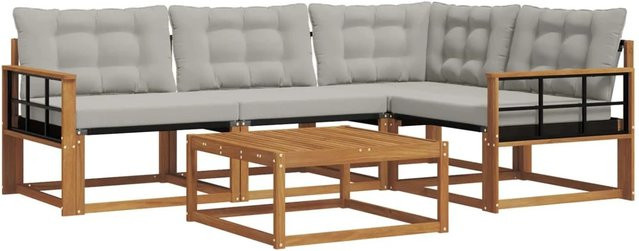 vidaXL Outdoor-Sofagarnitur L-Form aus massivem Akazienholz mit Textilene und Kissen in Natur und Hellgrau - Bild 1
