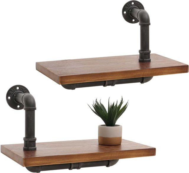 2er-Set Wandregal MCW N29 Industrial im Design mit 3D-Struktur aus Stahl und Massiv-Holz, Farbe: Braun, H x B x T: 29 x 45 x 25 cm - Bild 1