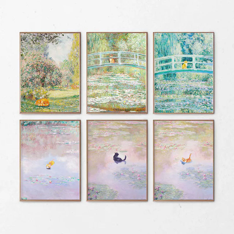 Lustiges Katzen-Poster mit floralen Tiergemälden im Stil von Monet und Van Gogh, mehrfarbiger Kunstdruck auf Papier für die Wandmontage - Bild 1