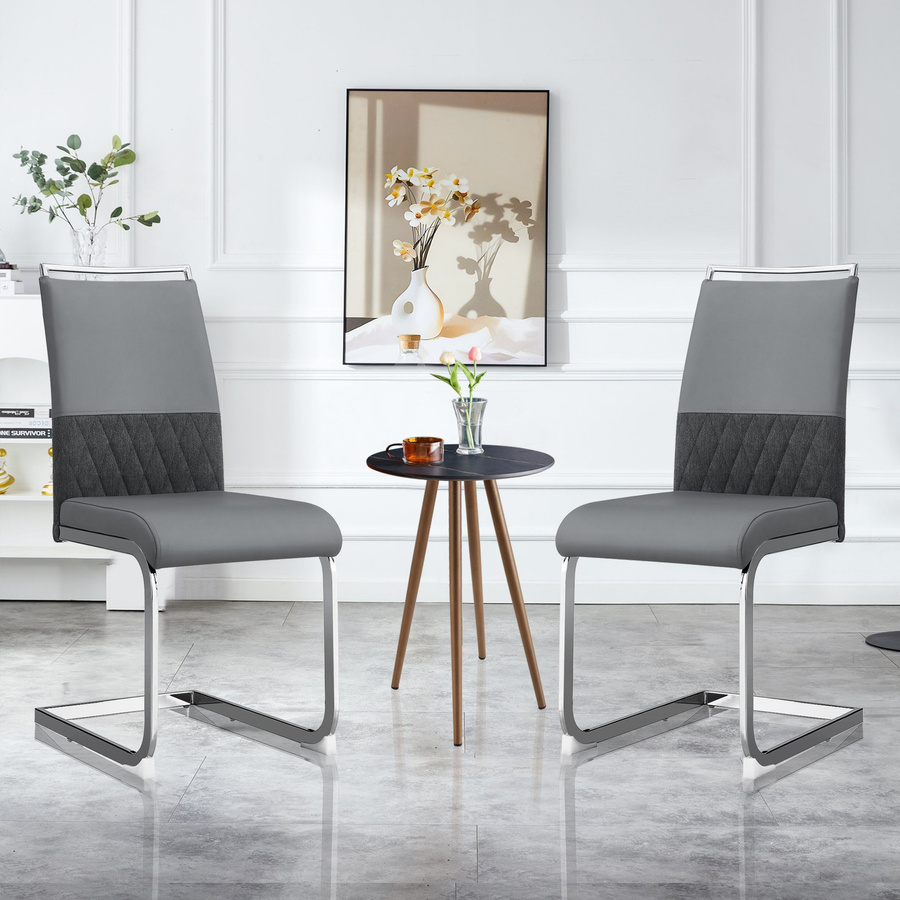 Set aus 2 modernen ergonomischen Esszimmerstühlen mit hoher Rückenlehne aus PU und Leinen in Grau - Bild 2