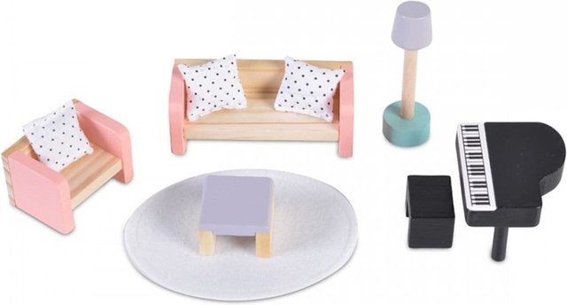 Moni Holz-Puppenmöbel Wohnzimmer Set 4011 in Multicolor mit Klavier, Sofa, Lampe, Tisch und Teppich - Bild 1
