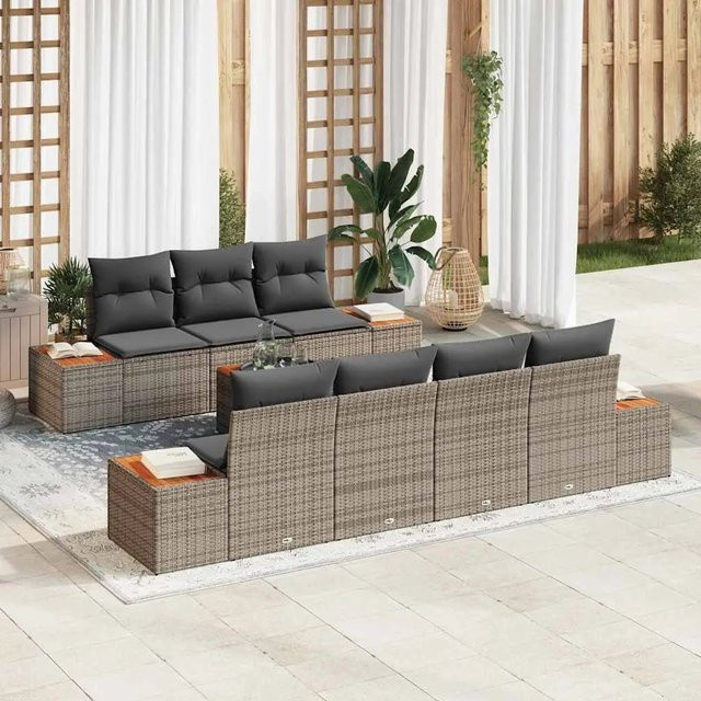 vidaXL Garten-Sofa-Set aus Polyrattan in Grau, 8-teiliges L-Shape Lounge-Set mit Kissen und Metallgestell für Terrasse und Balkon - Bild 1