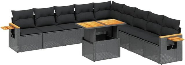 vidaXL 11-teilige Garten-Sofagarnitur aus Poly-Rattan und Akazienholz in Schwarz mit Kissen - Bild 1