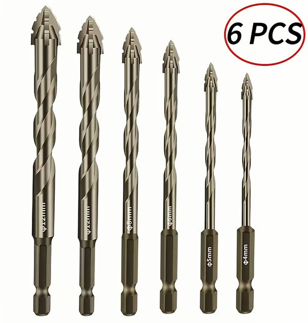 6er Set Multifunktions Bohrer mit Vierkant-Zahnung für Glas, Fliesen, Metall und Beton, Farben: Braun und Silber, Durchmesser: 4-12 mm - Bild 1