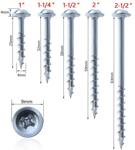 100 Stück Yiran Furniture Taschenlochschrauben, selbstschneidende Pozidriv-Schrauben aus verzinktem Stahl, silber, für Taschenloch-Vorrichtungssysteme 32mm - Bild 1