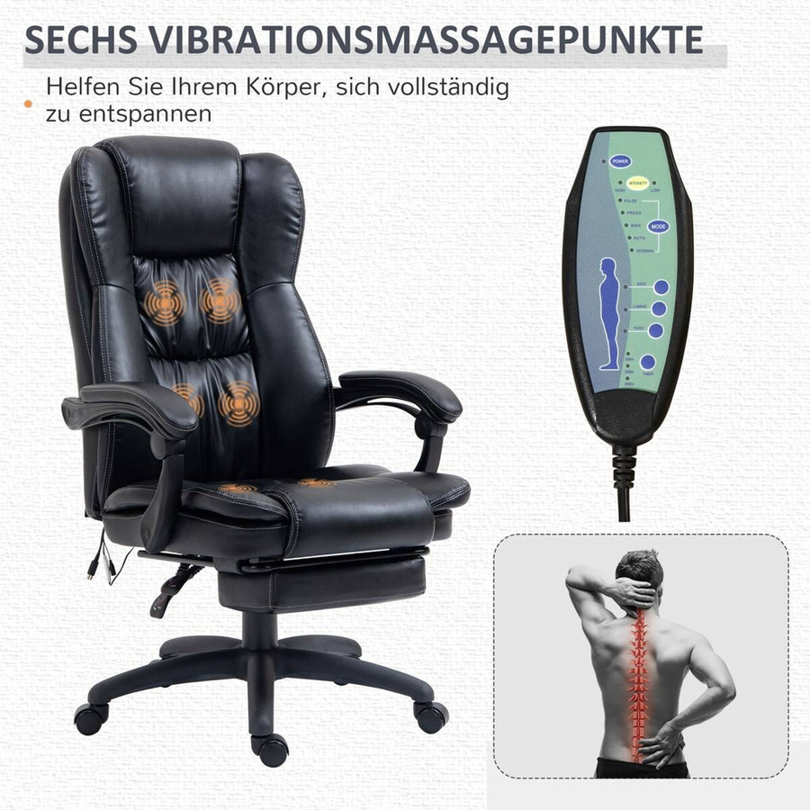 Vinsetto Bürostuhl mit Massagefunktion und Fußstütze in Schwarz aus Kunstleder, B/T/H: 68,5 x 68,5 x 120 cm - Bild 4