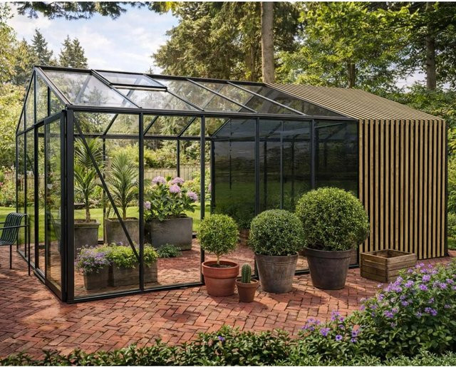 Bloomcabin Gewächshaus Klassik mit integriertem Stauraum und Accoya-Fusion GHCMSAF13 in Schwarz - Bild 1