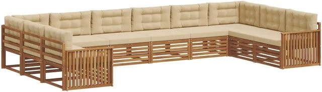vidaXL Sofagarnitur aus Massivholz Akazie in Natur und Beige, 10-teiliges Set mit Sitz- und Rückenkissen im modernen Latten-Design - Bild 1