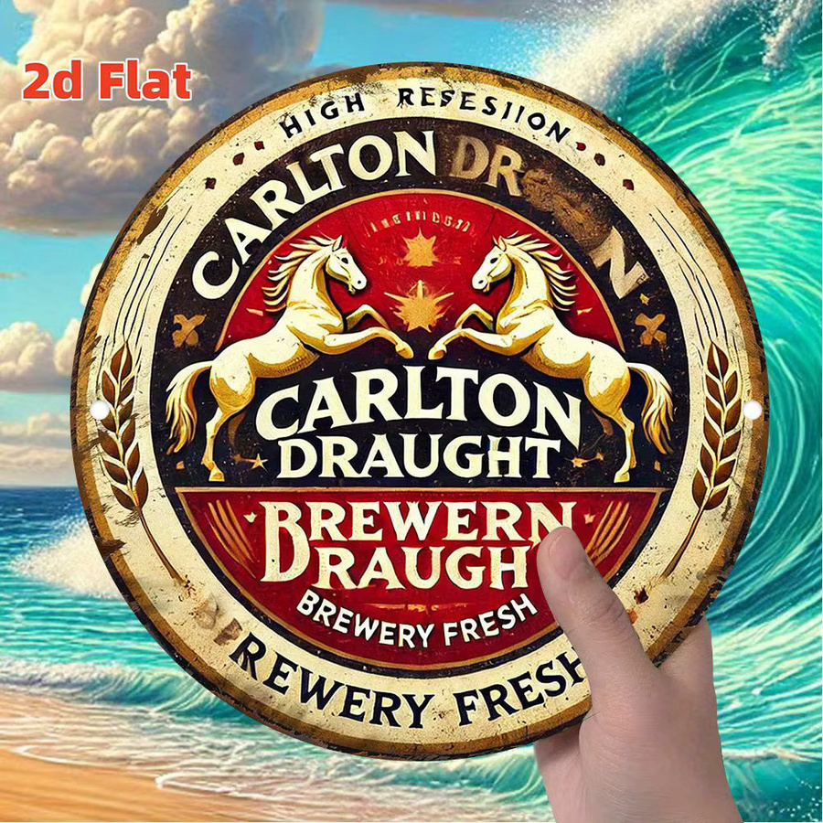 Vintage Carlton Draft Brewery Metallblechschild Potdemiel – Runde Aluminium-Wanddekoration mit goldenen Pferden in Rot, Gelb und Gold, Durchmesser: 20 cm - Bild 4