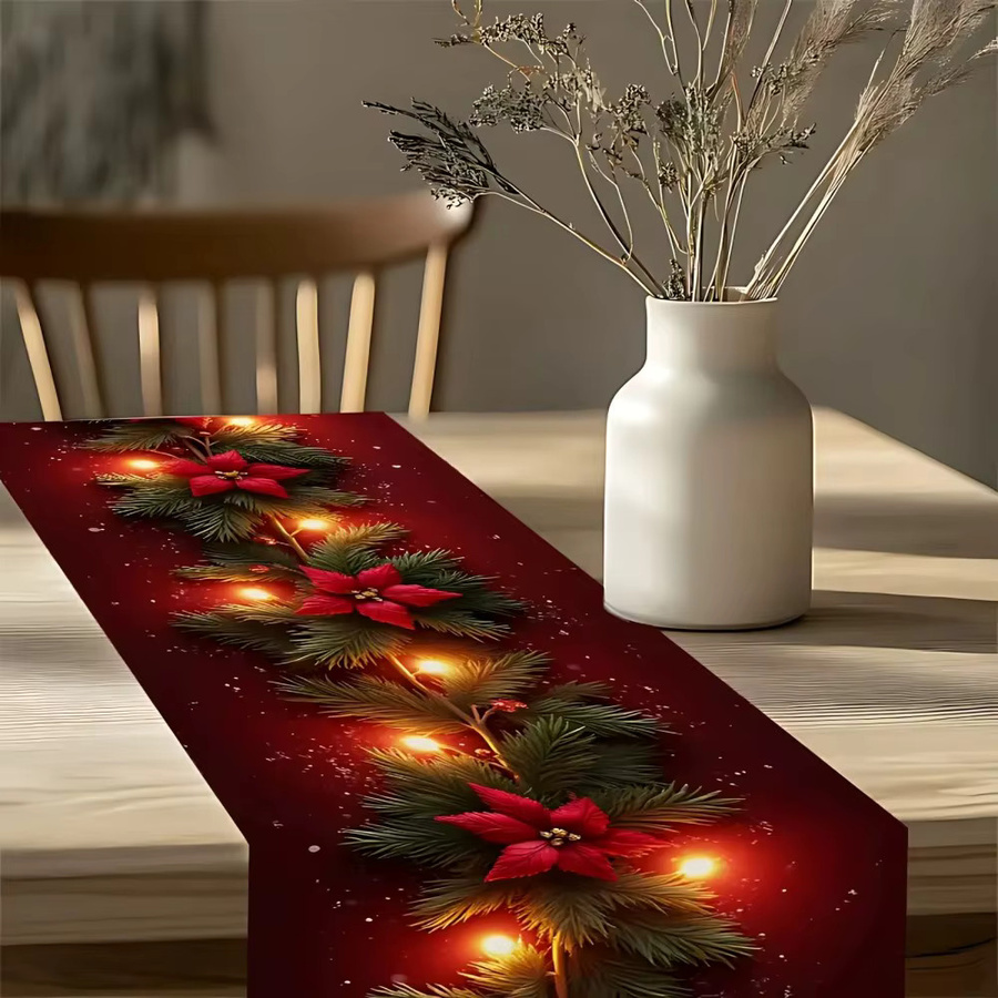 VIKAMA Weihnachts-Tischläufer aus Leinen mit rotem Blumenmuster, Farbe: Rot, B/T: 90 x 33 cm - Bild 3