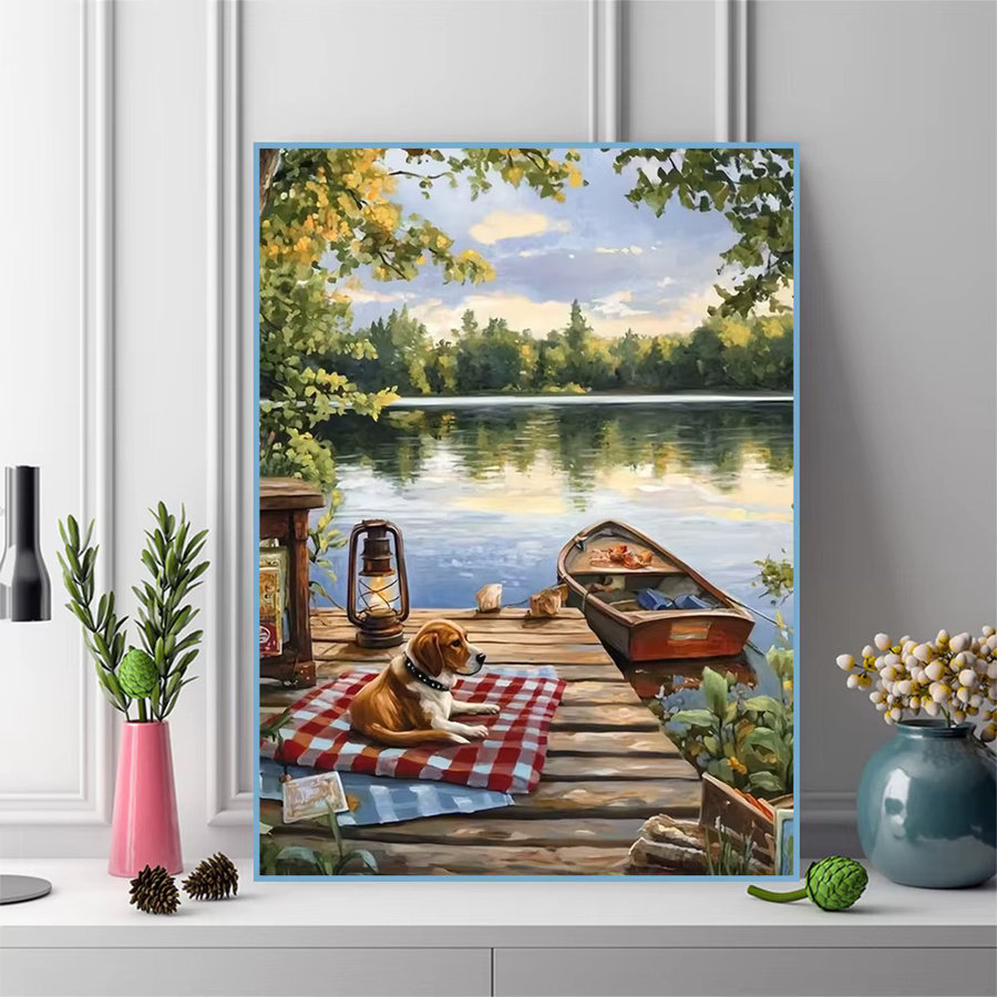 Momoart 5D DIY Diamant-Mosaik Flusslandschaft mit Boot als Kreuzstich-Gemälde in Multicolour, B/H: 30 x 30 cm - Bild 3