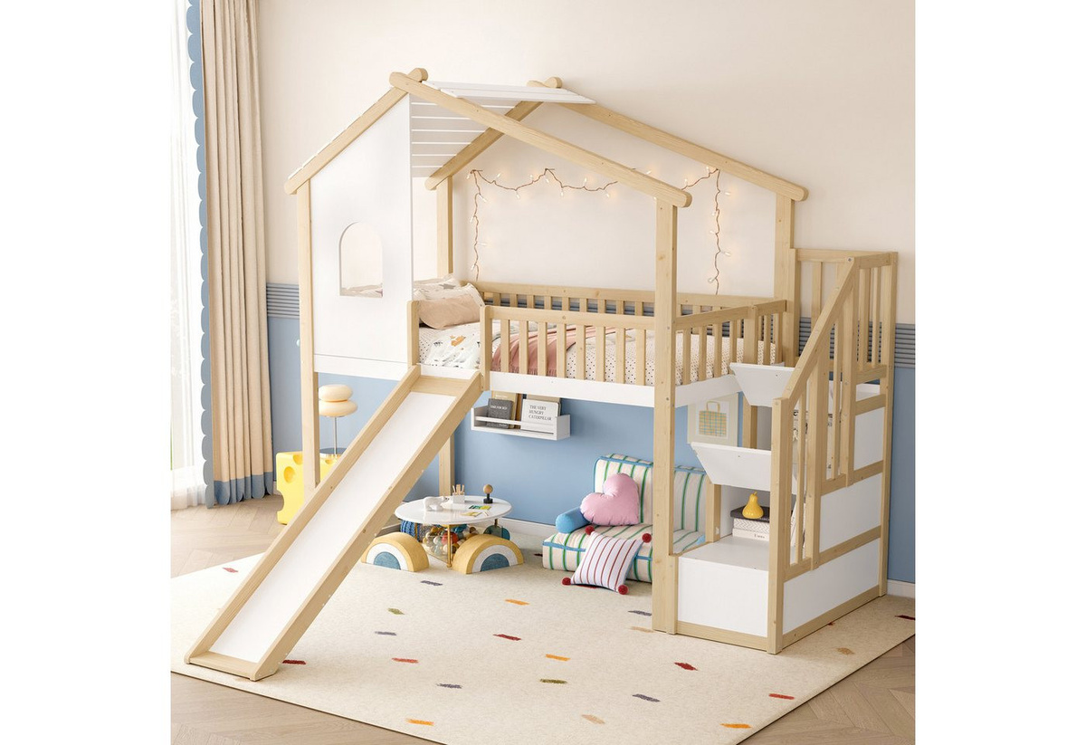 Odikalo Kinderbett Hochbett aus Holz mit Bettgitter, Lagertreppe und Rutsche, B/T/H: 90 x 200 cm, Natur Weiß - Bild 1