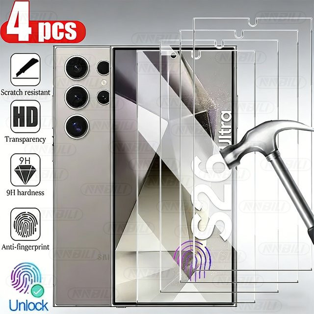 NNBILI 4er-Pack gehärtetes Glas Displayschutzfolie für Samsung Galaxy S26 Ultra, S25 Plus und S24, transparent, HD-Displayschutz mit Fingerabdruck-Kompatibilität - Bild 1