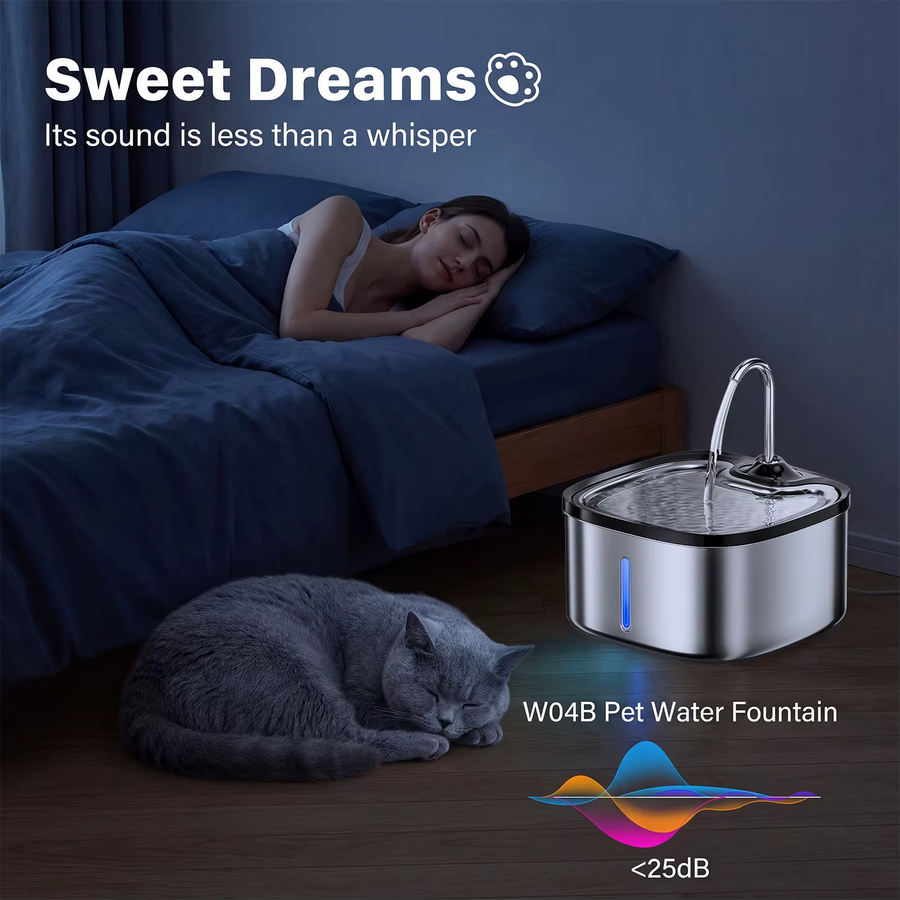 LABEKA Katzen-Trinkbrunnen im Wasserhahn-Design aus Edelstahl in Silber, 3,5 l Haustier-Trinkspender mit sichtbarem Wasserstand, geräuschloser Pumpe und LED-Beleuchtung - Bild 3