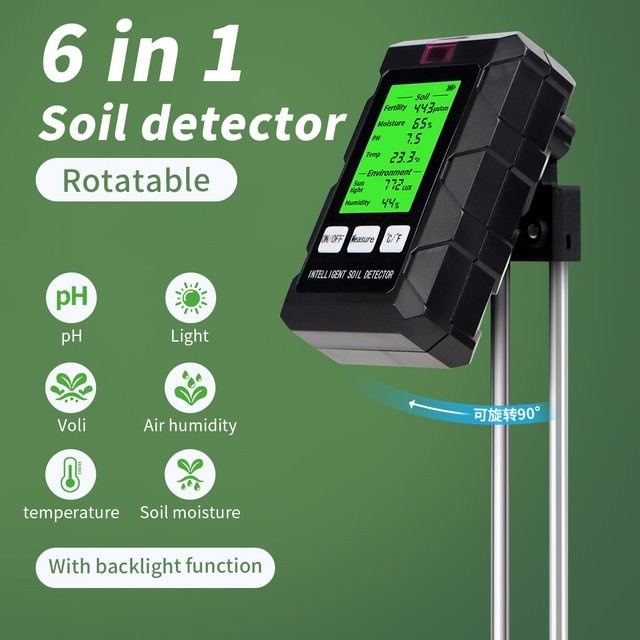 JUANJUAN Digitaler 6-in-1 Bodenfeuchtigkeitstester in Schwarz zur Pflanzenanalyse mit PH-Meter, Temperatur- und Sonnenlicht-Monitor - Bild 1