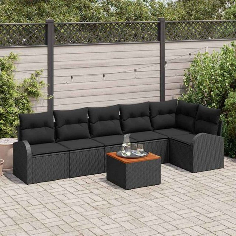 Vidaxl Garten-Sofa-Set aus 7 Teilen in Schwarz, modernes Polyrattan-Loungemöbel-Set mit Akazie-Massivholz und Stahl - Bild 1