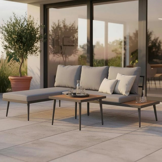Bessagi Garden Loungegarnitur Sallie L-Form in Grau mit 2-Sitzer Sofa, Couchtisch und Kissen aus Akazienholz und Metall - Bild 1