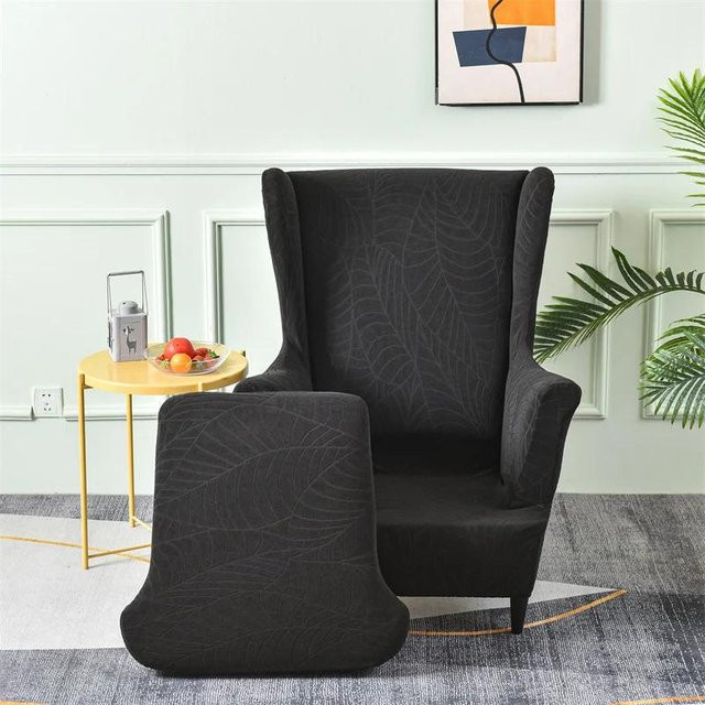 Bestbags Elastischer Ohrensesselbezug mit Kissenbezug in Schwarz mit Blätter Jacquard Muster - Bild 1