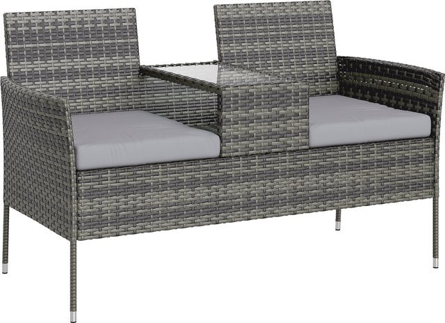 Outsunny Gartenbank für 2 Personen aus Rattan und Stahl mit Kissen und Couchtisch aus Glas, Dunkelgrau, B/T/H: 135 x 64 x 81 cm - Bild 1