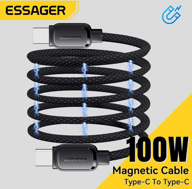 Essager USB-C zu USB-C Schnellladekabel mit magnetischer Absaugung gegen Kabelsalat, 100W PD, Schwarz - Bild 1