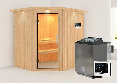 Karibu Maardu Bio-Kombi-Sauna aus Fichtenholz für 3 Personen inklusive 9 kW Saunaofen mit externer Steuerung, beige, B/T/H: 210 x 184 x 202 cm - Bild 1