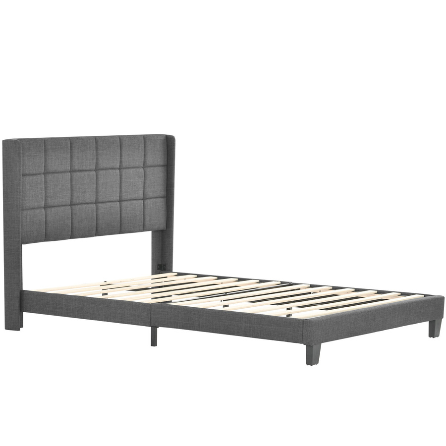 Aosom Doppelbett mit gepolstertem Kopfteil und Lattenrost in Grau mit Leinenoptik, B/T/H: 140 x 200 x 146 cm - Bild 2