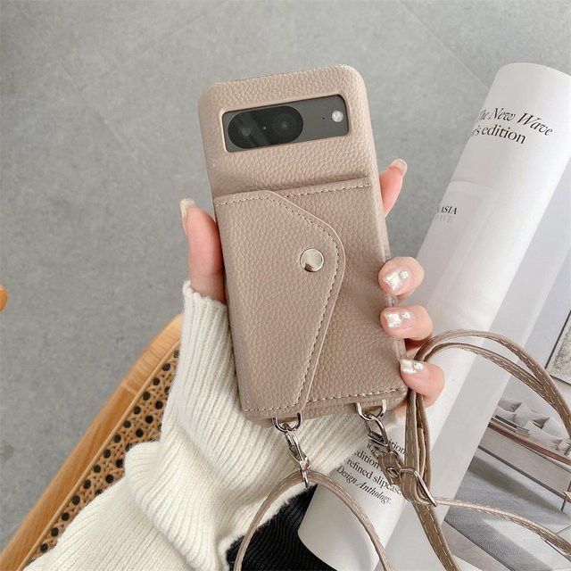 Crossbody Leder Geldbörsenhülle mit Schultergurt und Kartenhalter für Google Pixel 8 Pro, 7 Pro, 7A, 6A, 5A, 6 Pro in Grau - Bild 1