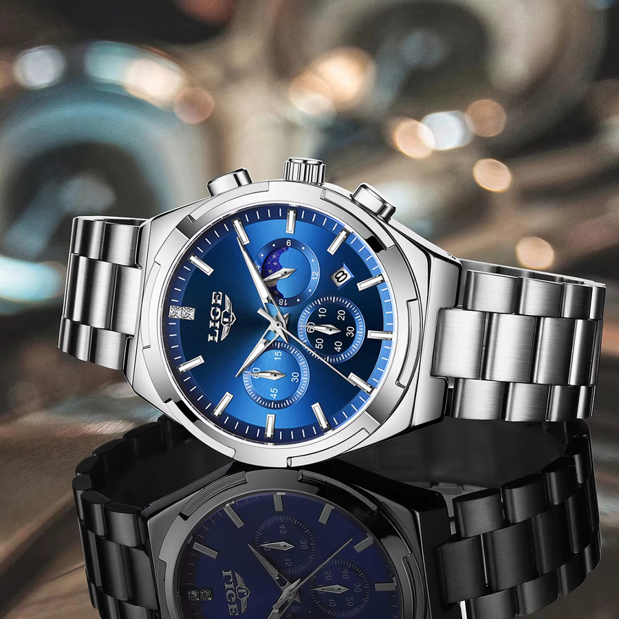 LIGE Armbanduhr, Analoguhr, Quarz, Edelstahl, Blau, Orange, Damen - Bild 5