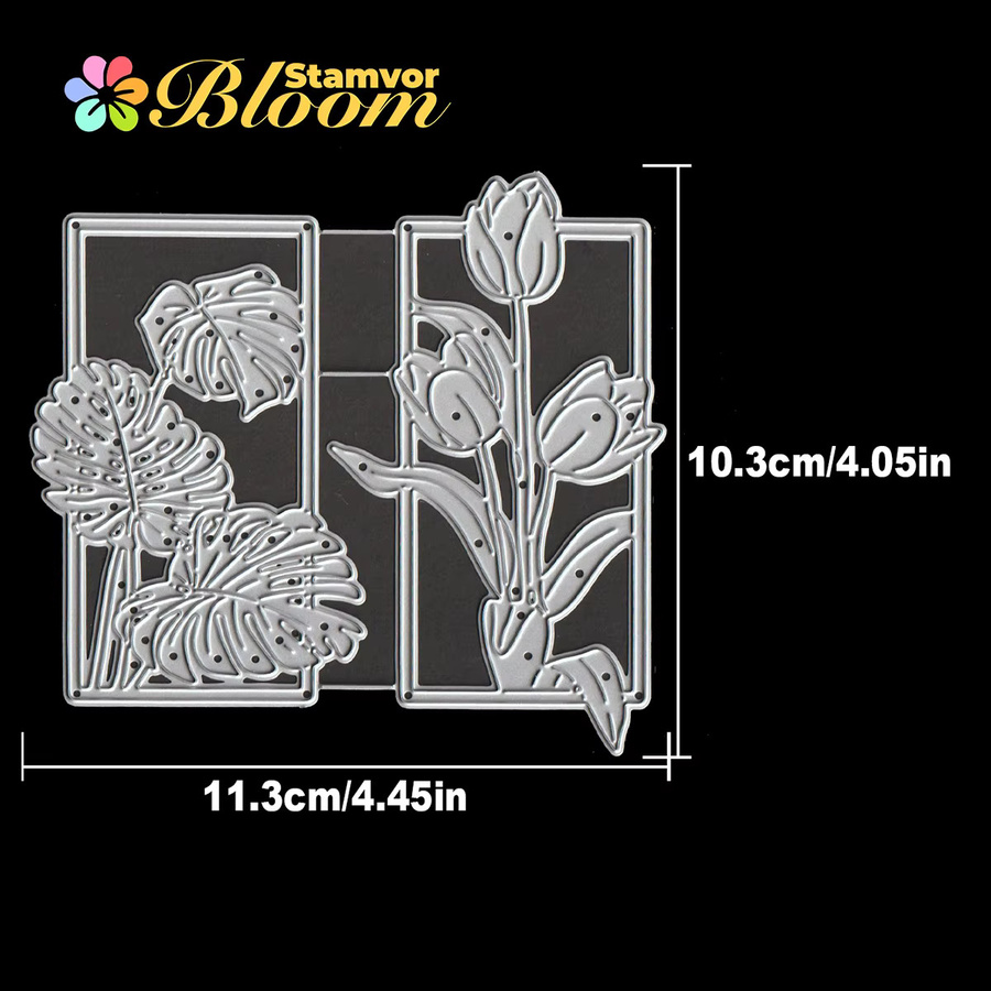 Metall-Stanzform für Scrapbooking mit Blumen, Blättern, Tulpen und Monstera Deliciosa im quadratischen Rahmen, Silber - Bild 2