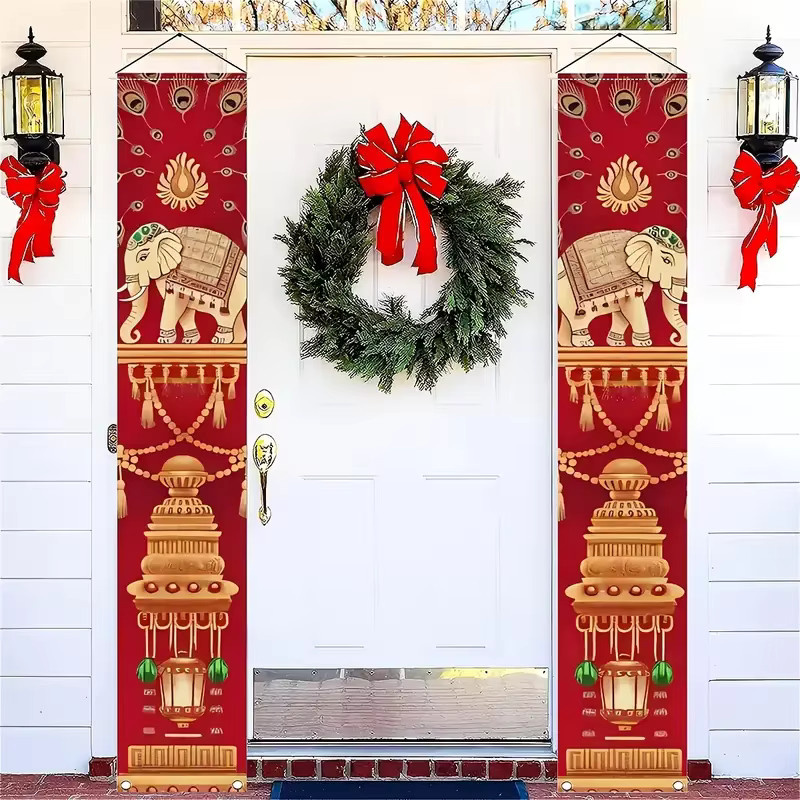 VIKAMA 2er-Set Diwali Veranda-Banner mit exotischen Elefantenmotiven in Rot, dekorative indische Türvorhänge für Innenhof und Außenbereich, B/H: 30 x 180 cm - Bild 2